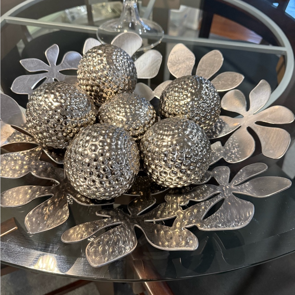 Decorative Hammered Silver Metal Balls on Floral Tray